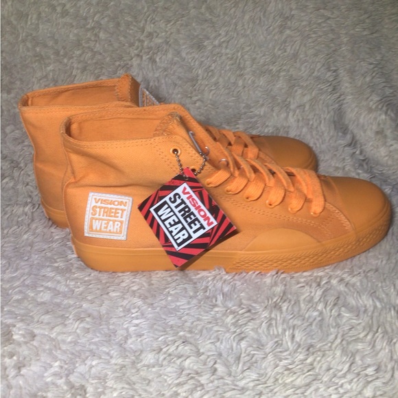 New Old Stock! NOS VISION STREET WEAR NEON ORANGE CANVAS HI-TOP SHOES Mens 8.5 - Picture 2 of 8